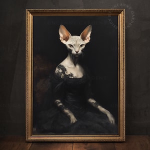 Gothic Sphynx Cat Wall Art, Victorian Cat Portrait, Goth Cat Lovers Gift, Gothic Art Print, Dark Moody Animal Print, Dark Academia Art AD100
