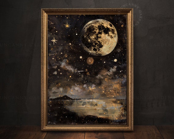 Moon and Stars Print, Abstract Sky Art, Full Moon Painting, Lunar