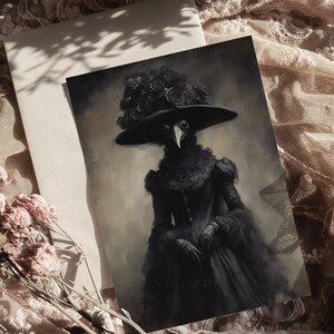 May include: A gothic-style art print featuring a figure in a black dress and a wide-brimmed hat adorned with roses. The figure has a bird-like mask. The artwork has a vintage aesthetic with soft lighting and a muted color palette.
