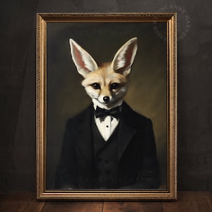 May include: A framed portrait of a fennec fox in a black tuxedo with a bow tie. The fox has large ears and a serious expression. The frame is gold-colored, and the background is a dark, muted green.