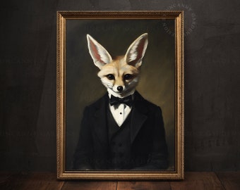 Dapper Fennec Fox Portrait, Funny Animals in Suits Art Print, Animals in Clothes Art, Victorian Fox, Gentleman Fox, Quirky Animal Decor AD59
