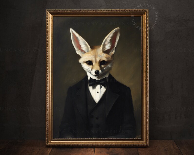 May include: A framed portrait of a fennec fox in a black tuxedo with a bow tie. The fox has large ears and a serious expression. The frame is gold-colored, and the background is a dark, muted green.