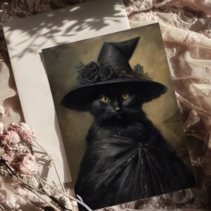 May include: A black cat wearing a witch's hat with black roses and a black cape. The cat has yellow eyes and a serious expression.