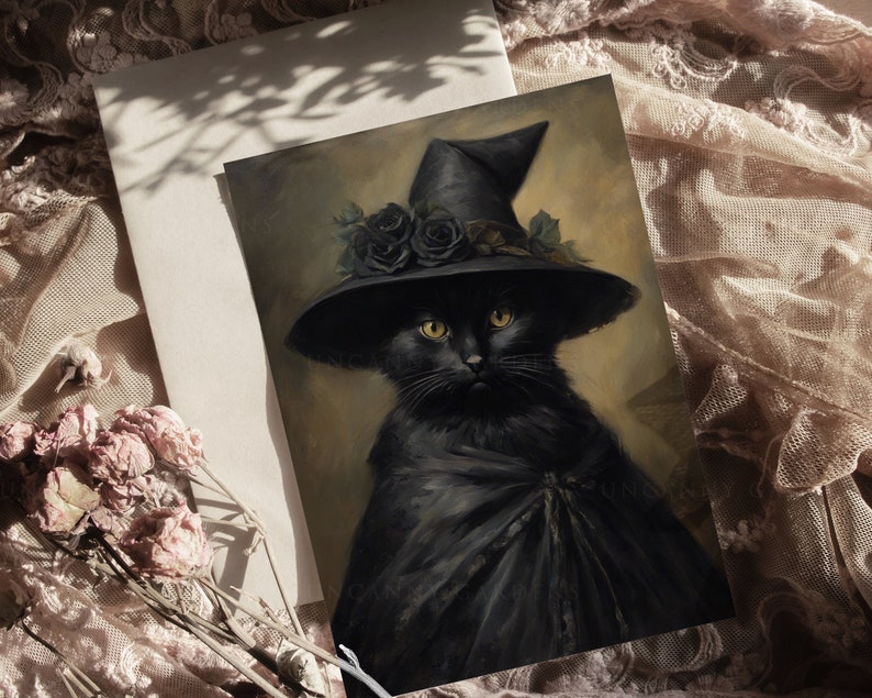 May include: A black cat wearing a witch's hat with black roses and a black cape. The cat has yellow eyes and a serious expression.