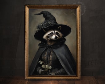 Raccoon Witch Art Print, Witchy Decor, Dark Cottagecore Poster, Witchcraft Gift for Witch, Funny Vintage Victorian Witchy Room Decor AD31