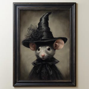 May include: A painting of a gray mouse wearing a black witch hat with a black lace trim. The mouse is wearing a black velvet collar with a lace trim. The background is a light brown.