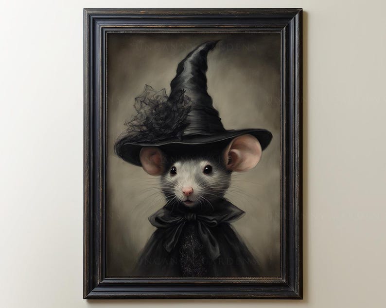 May include: A painting of a gray mouse wearing a black witch hat with a black lace trim. The mouse is wearing a black velvet collar with a lace trim. The background is a light brown.