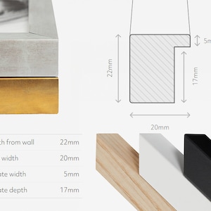 May include: A wooden picture frame with a 22 mm depth, 20 mm face width, 5 mm rebate width, and 17 mm rebate depth. The frame is shown in three different colors: natural wood, white, and black.