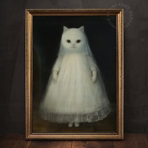 White Cat Ghost Art Print, Spooky Bride, Cute Cat Lover Gift, Whimsical Animal, Dark Academia, Cute Halloween Decor, Anthropomorphic Art G35