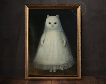 White Cat Ghost Art Print, Spooky Bride, Cute Cat Lover Gift, Whimsical Animal, Dark Academia, Cute Halloween Decor, Anthropomorphic Art G35