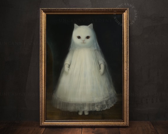 White Cat Ghost Art Print, Spooky Bride, Cute Cat Lover Gift, Whimsical Animal, Dark Academia, Cute Halloween Decor, Anthropomorphic Art G35