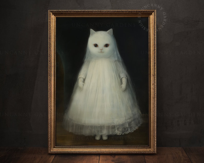 May include: A framed painting of a white cat wearing a white dress and veil. The cat is standing on a wooden floor in front of a dark background.