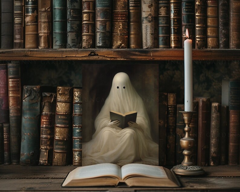 May include: A vintage-style image of a ghost reading a book in a library setting. The ghost is draped in a white sheet with two black eye holes. A lit candle in a brass holder and a collection of antique books are also visible.