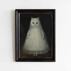 May include: A framed painting of a white cat wearing a white dress. The cat has red eyes and is standing on a dark background.