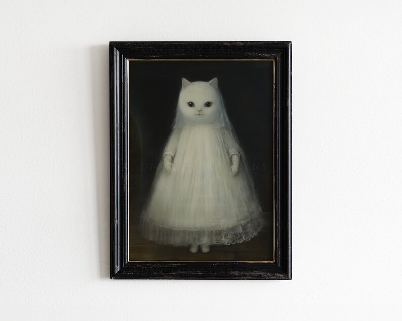 May include: A framed painting of a white cat wearing a white dress. The cat has red eyes and is standing on a dark background.