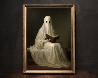 May include: A painting of a white ghost wearing a white sheet, sitting on a bench and reading a book. The ghost has two black eyes and is holding the book with both hands.