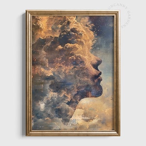 Pu&ograve; includere: Una stampa incorniciata di un ritratto surreale di un viso umano fatto di nuvole. Le nuvole sono un mix di bianco, grigio e marrone, e lo sfondo &egrave; azzurro.