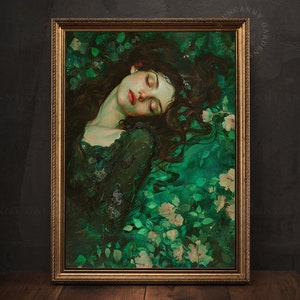 Emerald Green Witch Art Print, Fantasy Forest Art, Dark Cottagecore Decor, Sleeping Woman Portrait, Moody Pagan Art Print, Witchy Gift M25