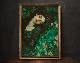 Emerald Green Witch Art Print, Fantasy Forest Art, Dark Cottagecore Decor, Sleeping Woman Portrait, Moody Pagan Art Print, Witchy Gift M25