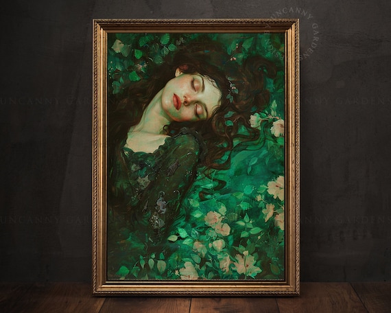 Emerald Green Witch Art Print, Fantasy Forest Art, Dark Cottagecore Decor, Sleeping Woman Portrait, Moody Pagan Art Print, Witchy Gift M25
