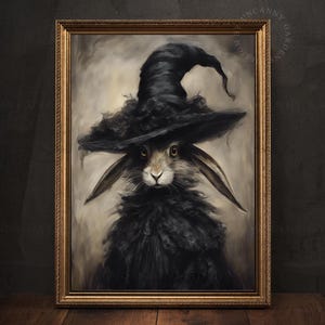 May include: A painting of a black rabbit wearing a black witch's hat with a wide brim. The rabbit has a fluffy black coat and is looking directly at the viewer.