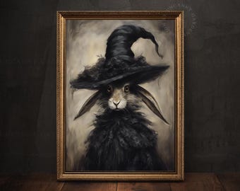 Whimsical Rabbit Witch Art Print, Victorian Rabbit Portrait, Witchy Room Decor Vintage Halloween March Hare Painting Dark Witch Wall Art 248