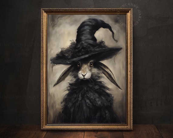 Whimsical Rabbit Witch Art Print, Victorian Rabbit Portrait, Witchy Room Decor Vintage Halloween March Hare Painting Dark Witch Wall Art 248