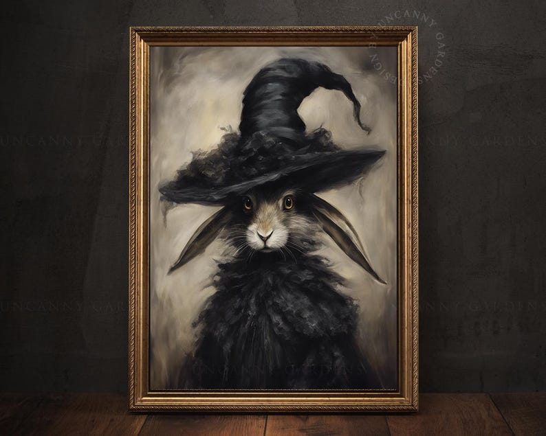 May include: A painting of a black rabbit wearing a black witch's hat with a wide brim. The rabbit has a fluffy black coat and is looking directly at the viewer.