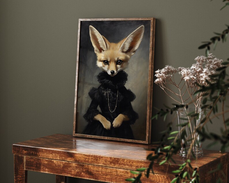 Cute Fennec Fox Portrait, Funny Gothic Animals in Clothes, Victorian Fennec Animal Portrait, Cottagecore, Whimsical Animals Decor AD104 image 3