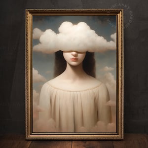 Daydreamer, Young Woman with Head in the Clouds, Giclée Art Print, Celestial Moody Wall Art, Retro Surreal Art, Divine Feminine Print S02