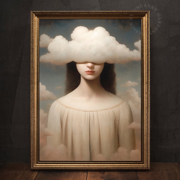 Daydreamer, Young Woman with Head in the Clouds, Giclée Art Print, Celestial Moody Wall Art, Retro Surreal Art, Divine Feminine Print S02