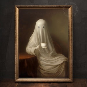Friendly Ghost Drinking Coffee, Vintage Poster, Funny Dark Academia Wall Art, Coffee Lover Gift, Halloween Decor, Coffee Wall Art Print G27