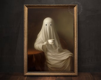 Friendly Ghost Drinking Coffee, Vintage Poster, Funny Dark Academia Wall Art, Coffee Lover Gift, Halloween Decor, Coffee Wall Art Print G27