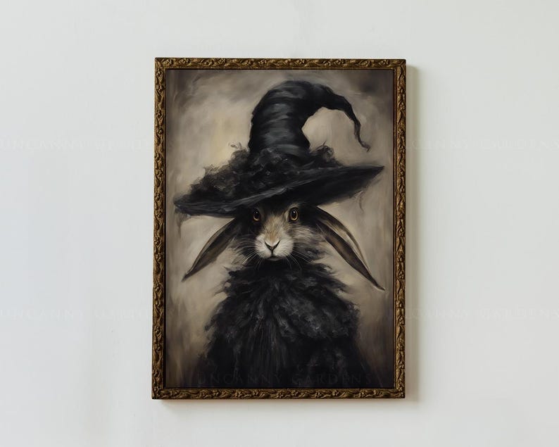 May include: A painting of a rabbit wearing a black witch's hat with a wide brim. The rabbit has black fur and is looking directly at the viewer. The background is a light brown color.