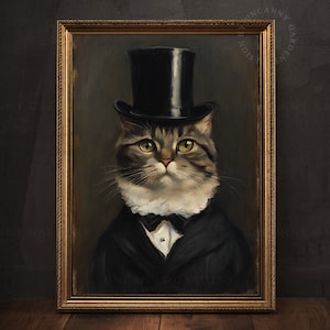 May include: A painting of a cat wearing a black top hat and a tuxedo. The cat has a serious expression and is looking directly at the viewer. The painting is framed in a gold frame.