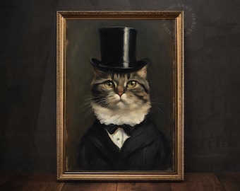 Dramatic Cat Victorian Portrait Art Print, Funny Dapper Animals in Clothes Art, Victorian Cat, Vintage Cat Print, Quirky Animal Decor AD29