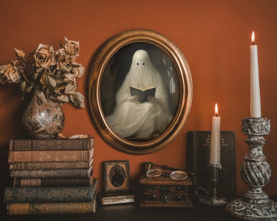 Library Ghost Art Print, Spooky Halloween Decor, Dark Academia, Ghost Painting, Whimsical Ghost, Whimsigoth Prints, Gothic Home Decor G94