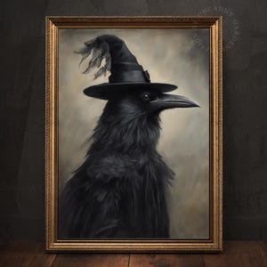 以下が含まれることがあります： 黒い帽子をかぶった黒いカラス。帽子は尖った冠と広い縁があります。カラスはリアルなスタイルで描かれており、羽毛が細かく、真剣な表情をしています。背景は柔らかく、落ち着いた茶色です。