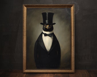 Mr. Penguin Victorian Portrait Art Print, Anthropomorphic Bird Decor, Vintage Surreal Animal Art, Gothic Penguin, Anthropomorphic Art AD97