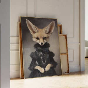 May include: A framed painting of a fennec fox wearing a black dress with a lace collar and a pearl necklace. The fox has large ears and a fluffy tail.