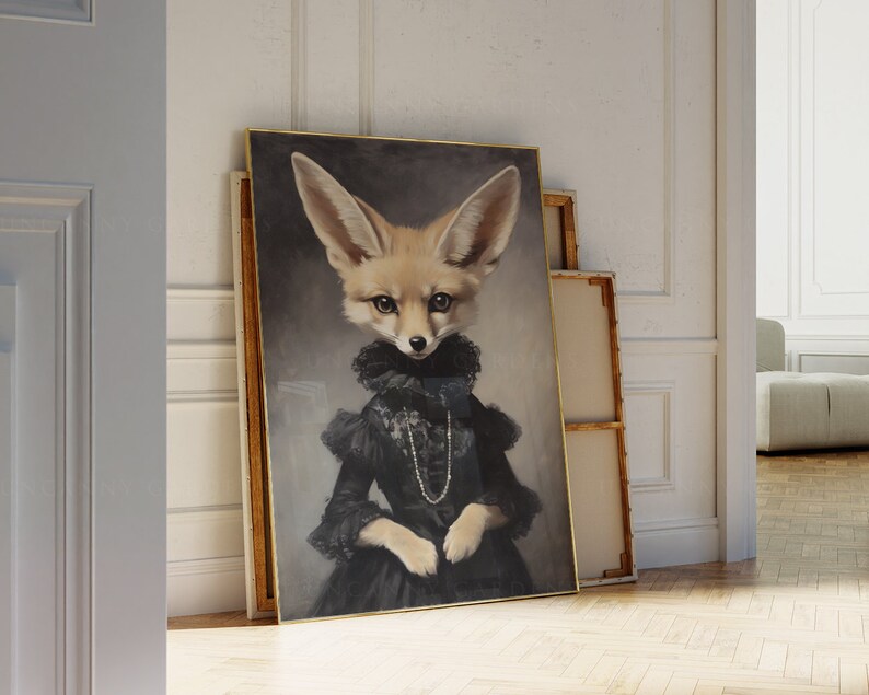 May include: A framed painting of a fennec fox wearing a black dress with a lace collar and a pearl necklace. The fox has large ears and a fluffy tail.