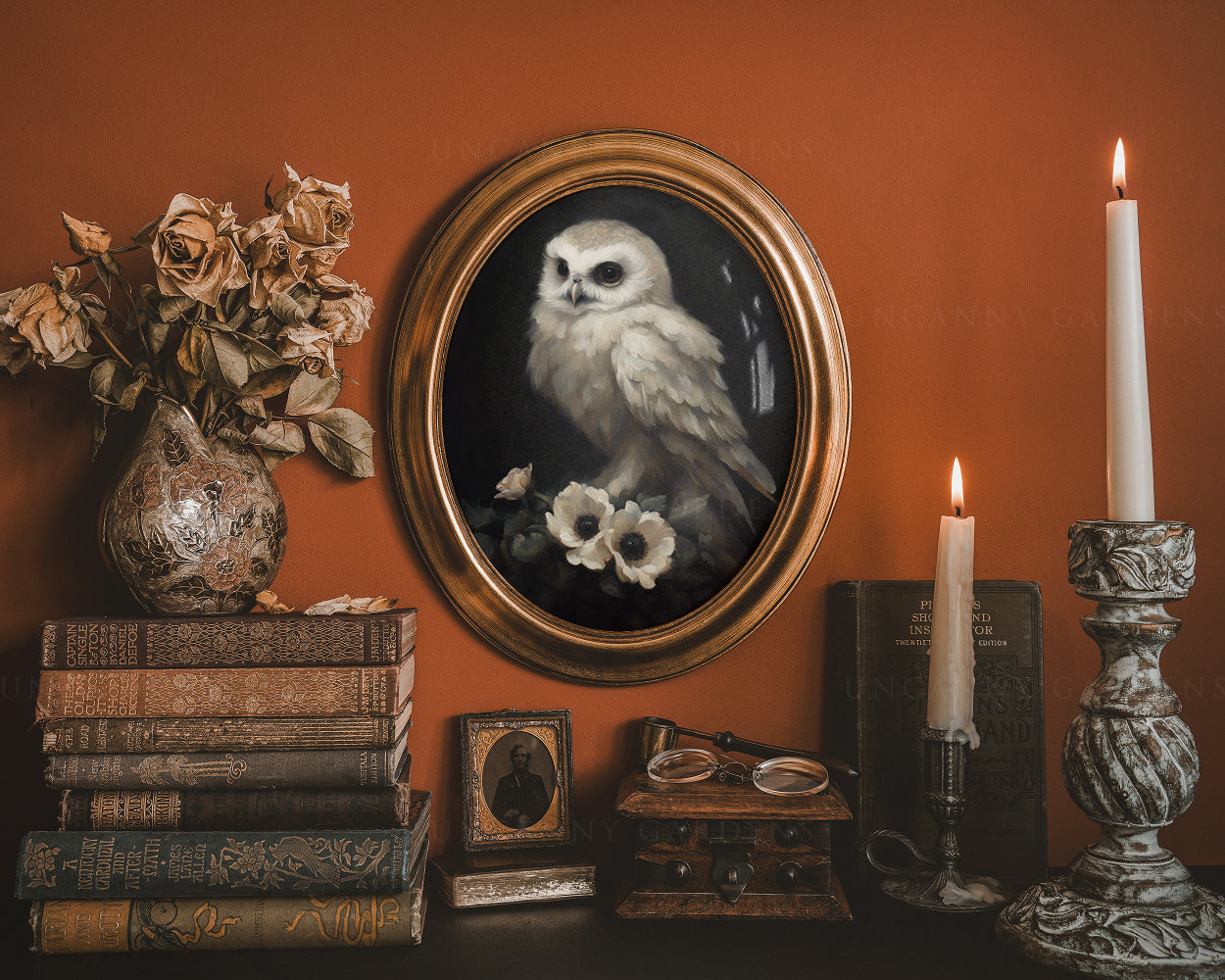 White Owl with Anemones Art Print, WItch's Familiar Bird, Antique Romantic Dark Academia Owl Dec
