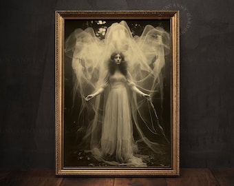 May include: A vintage black and white photograph of a woman in a white dress standing in a forest. She is surrounded by a veil of white fabric that appears to be floating around her. The image has a spooky and ethereal feel.