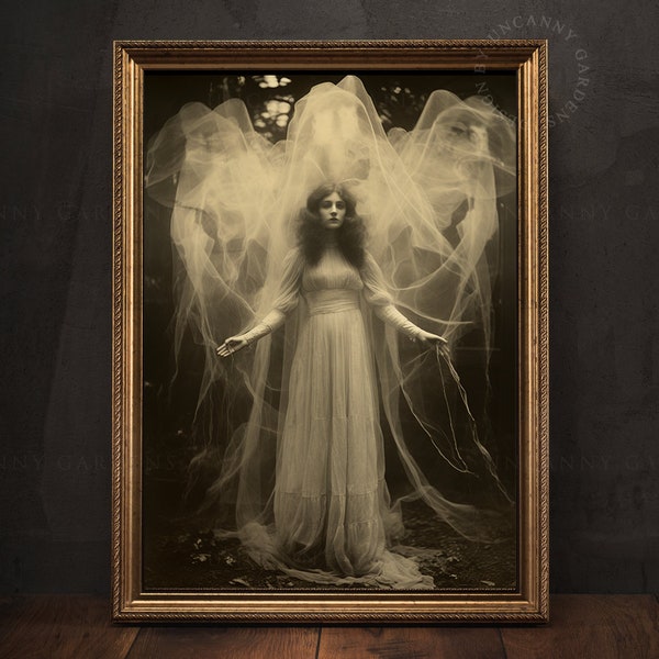 Victorian Haunted Woman, Ectoplasm, Spiritual Medium, Apparition, Victorian Ghost Photo, Reimagined Art, Dark Academia Wall Art Print V5