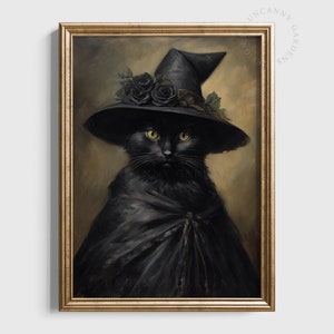 May include: A black cat wearing a witch's hat with black roses and a black cape. The cat has yellow eyes and is looking directly at the viewer. The painting is framed in gold.