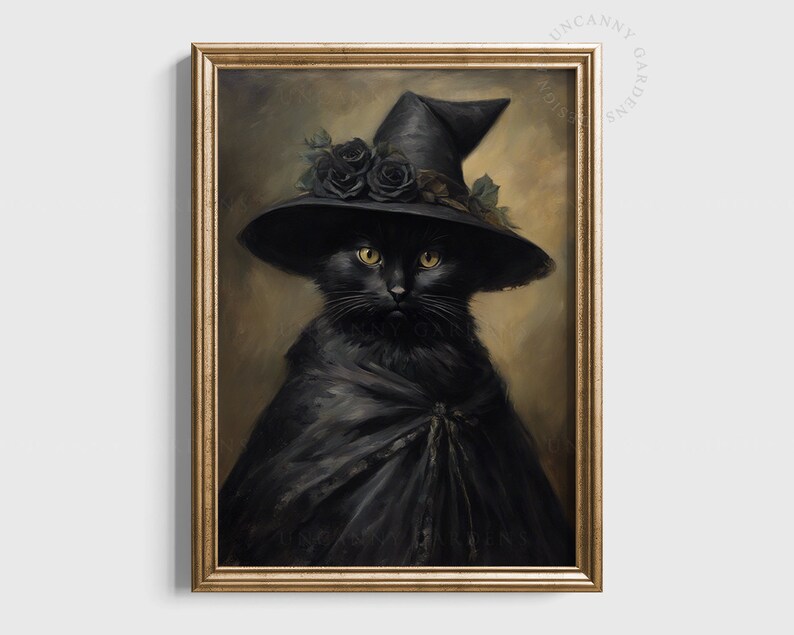 May include: A black cat wearing a witch's hat with black roses and a black cape. The cat has yellow eyes and is looking directly at the viewer. The painting is framed in gold.