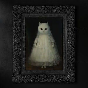May include: A white cat wearing a white dress with lace trim, painted in a realistic style, in a black ornate frame.