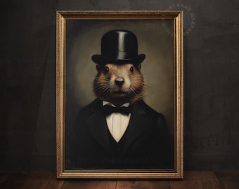 Funny Beaver in Bowler Hat Portrait, Vintage Beaver Art Print, Surreal Animal Art, Retro Style American Beaver, Dark Cottagecore Decor AD91
