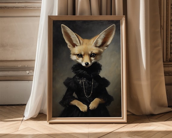 Cute Fennec Fox Portrait, Funny Gothic Animals in Clothes, Victorian Fennec Animal Portrait, Cottagecore, Whimsical Animals Decor AD104
