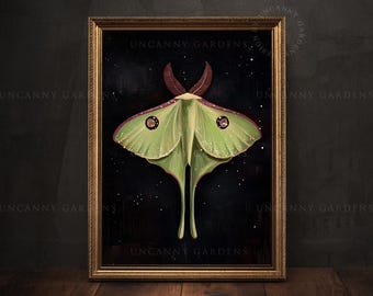 Luna Moth Art Print - Mystical Insect Wall Art, Dark Academia Decor, Green Moth, Gothic Nature Illustration, Whimsical Butterfly Poster 085